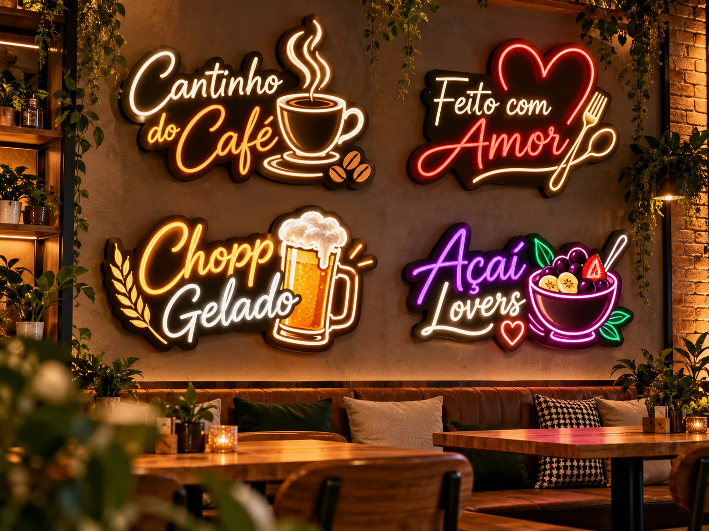 Visualização conceitual de arte luminosa para cafeteria