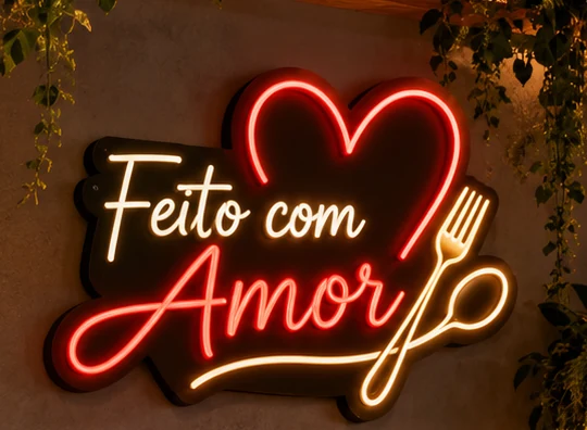 Conceito de letreiro neon artístico Feito com Amor