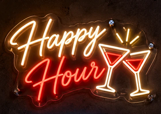Conceito de letreiro neon artístico Happy Hour