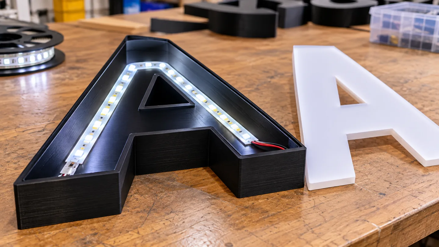 Ilustração conceitual de uma letra caixa A aberta com fita LED branca, corpo 3D preto e face difusora removida
