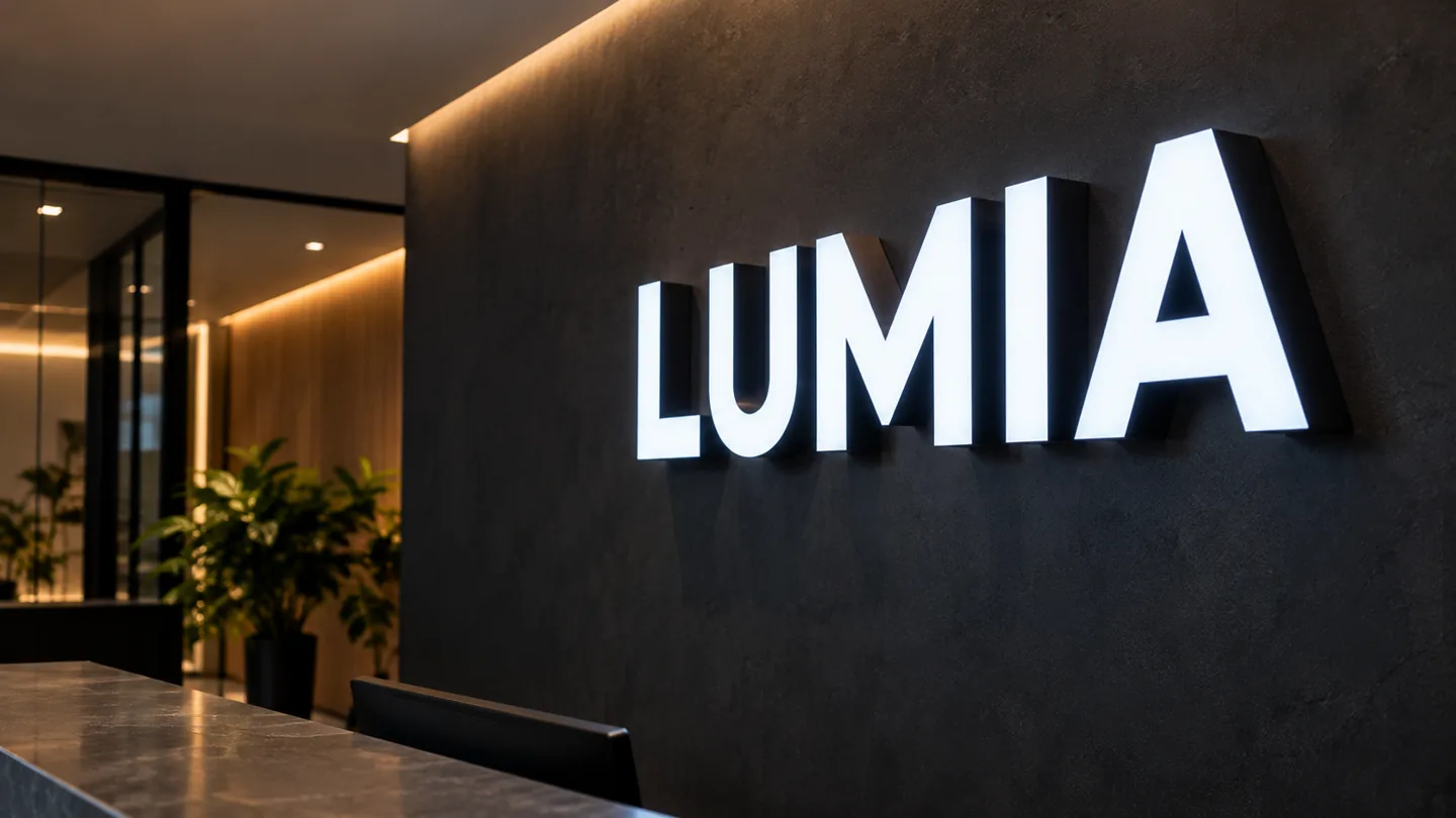 Simulação de letras caixa 3D brancas com corpo preto em parede escura de recepção interna LUMIA