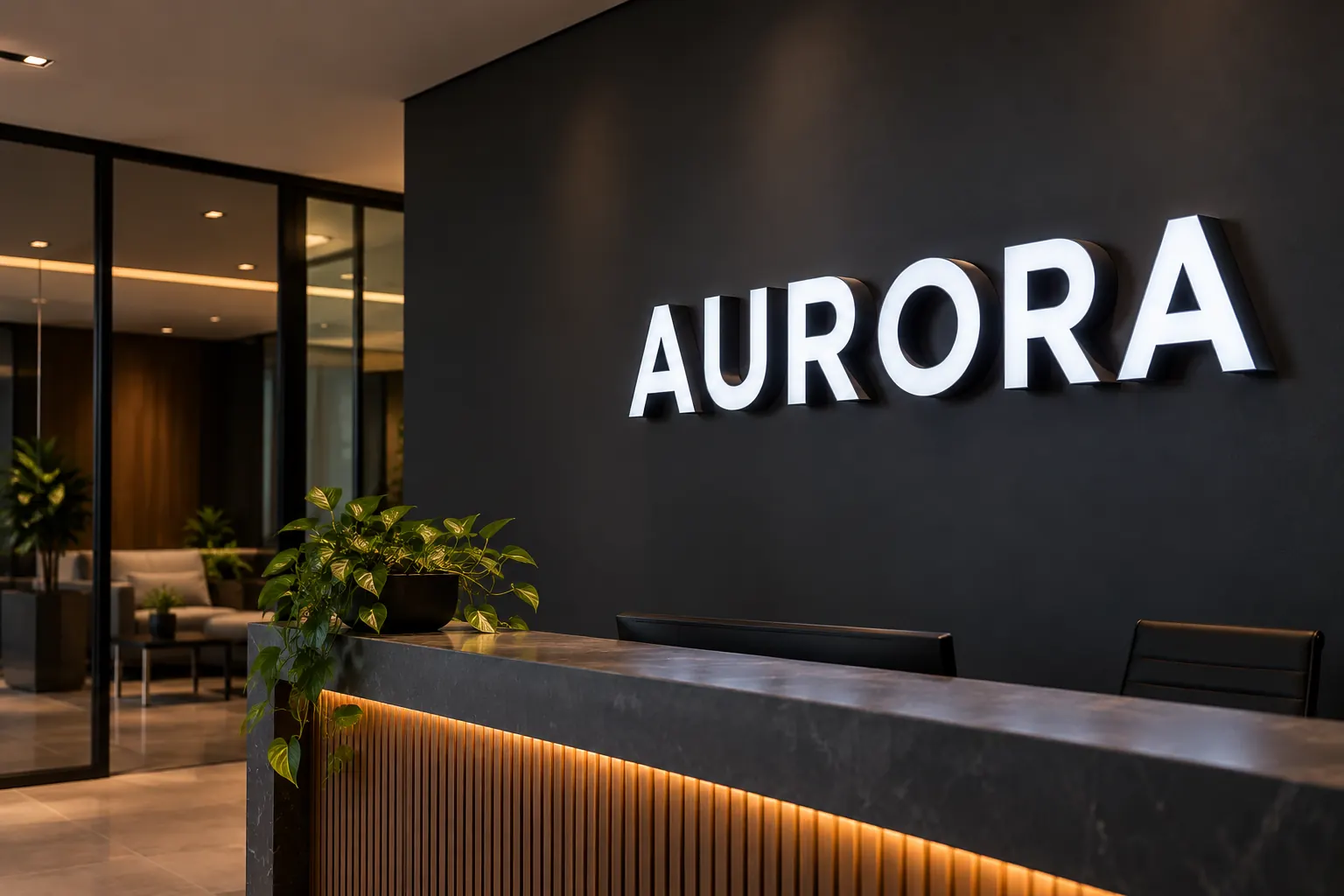 Simulação de logotipo 3D luminoso em recepção empresarial interna