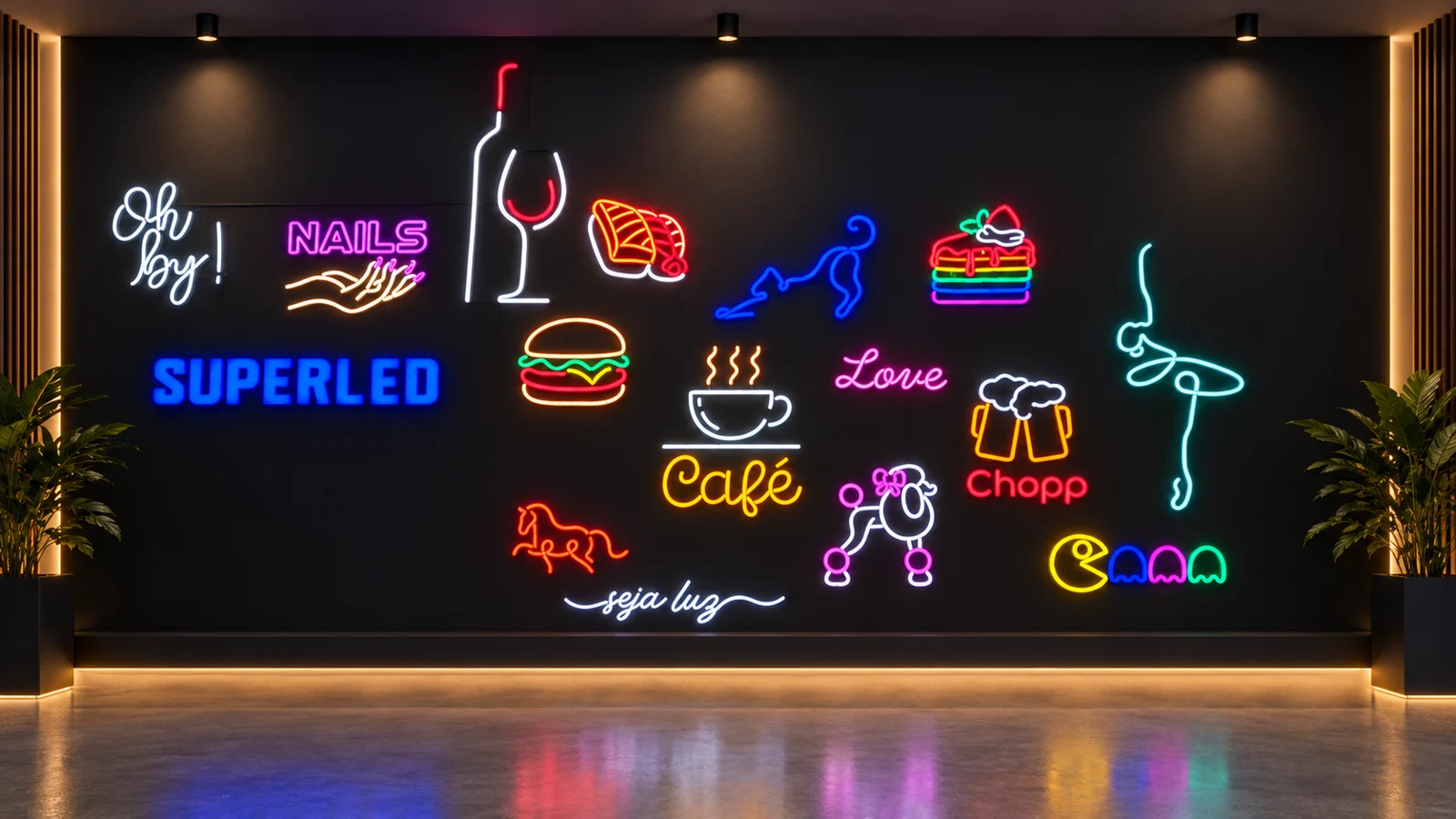 Apresentação ambientada de trabalhos SuperLED em neon LED sobre uma parede de exposição comercial