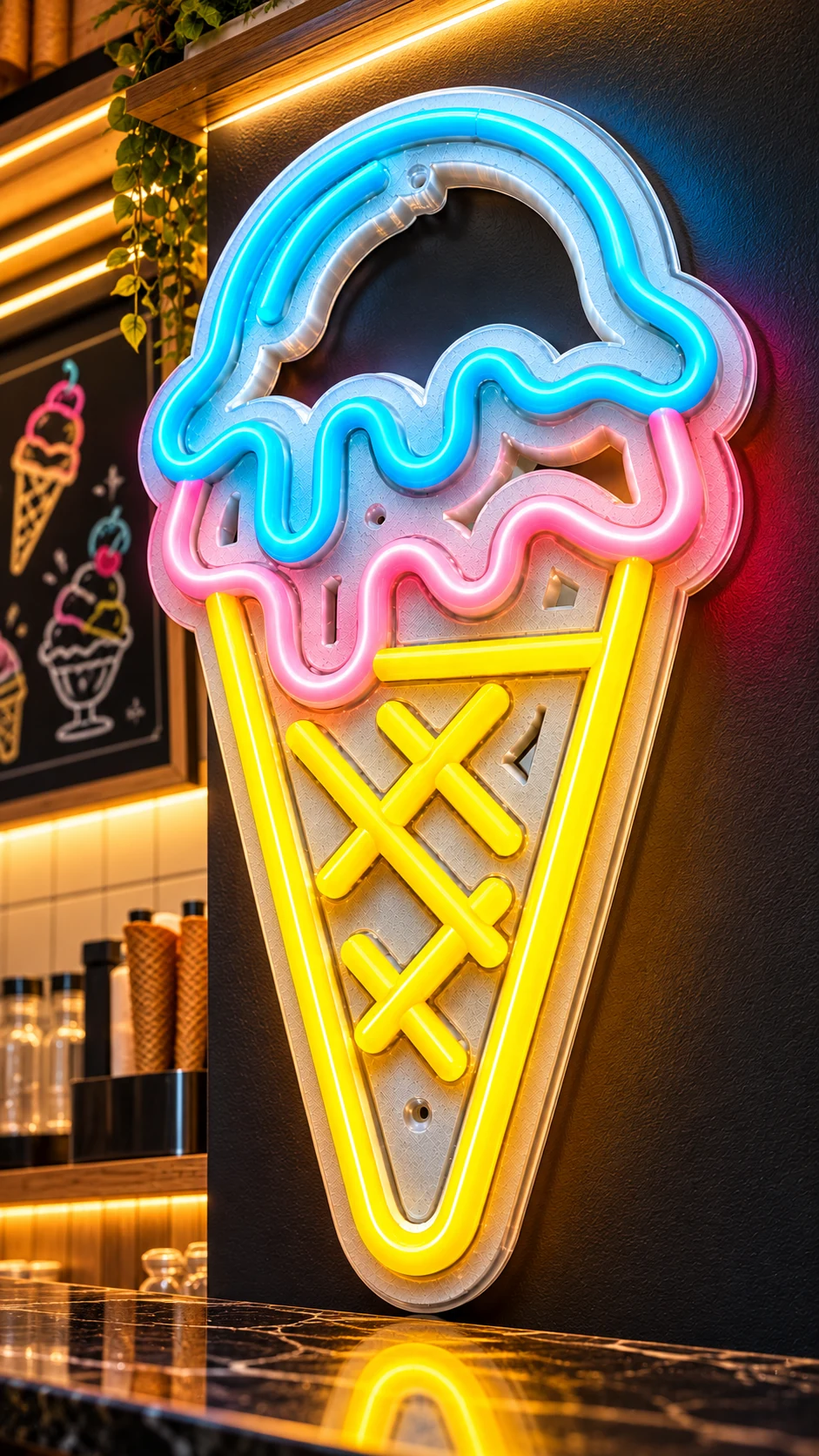 Sorvete em neon com suporte 3D, em cenário ilustrativo